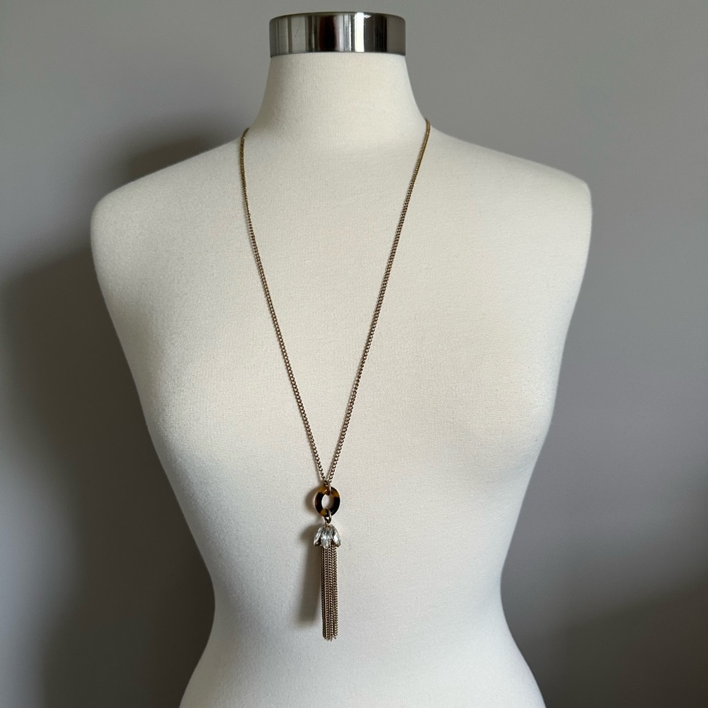EUC J Crew Tassel Necklace in Gold Tone & Tortoise Shell